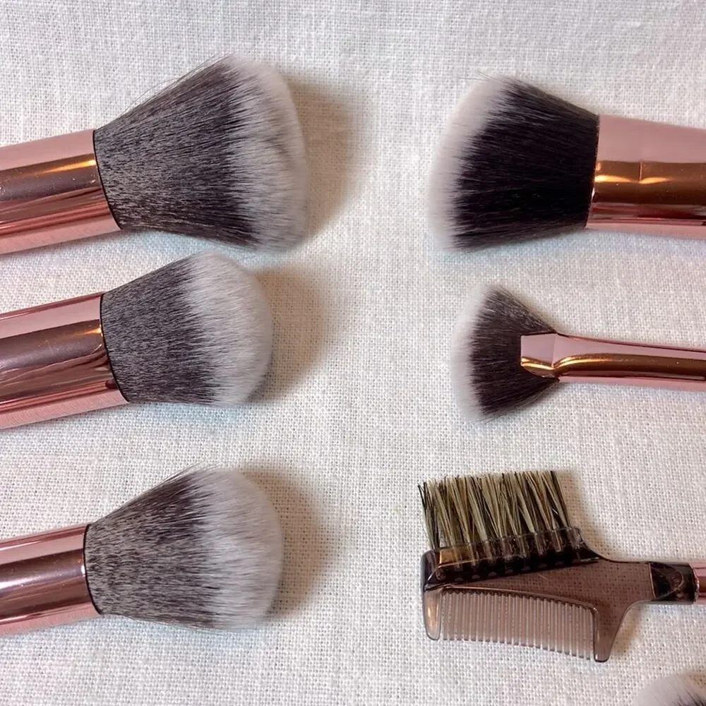 Makeup Brush Set 15 pc Brushes Black Handle Rose Gold Metal with Storage Bag